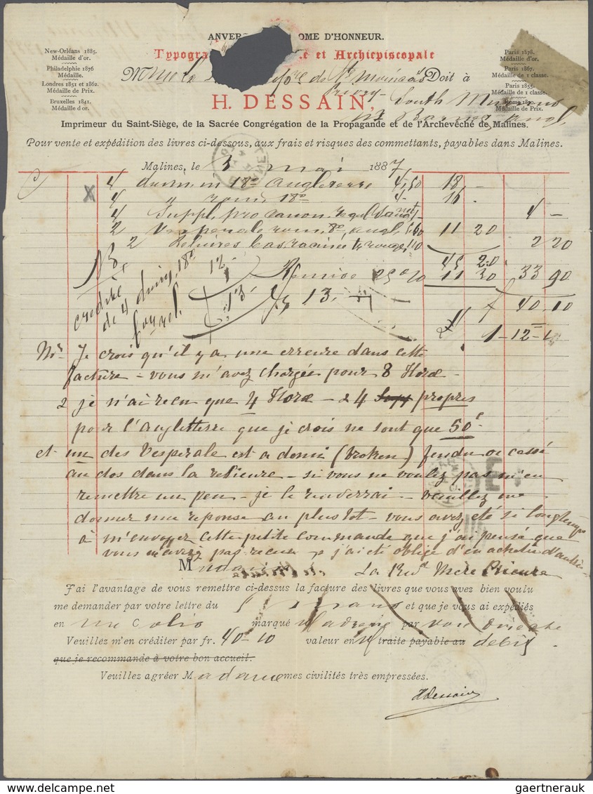 Belgien: 1887, 25c. Blue On Rose On Lettersheet (invoice) From "MALLINES 3 MAI 1887" To South-Mimms - Nuevos