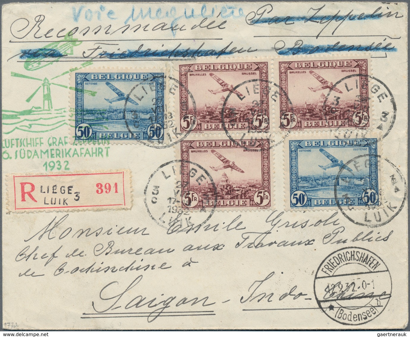 Belgien: 1932, 6th SOUTH AMERICA FLIGHT, Contract State Letter From LIEGE With Green Confirmation Ma - Nuevos