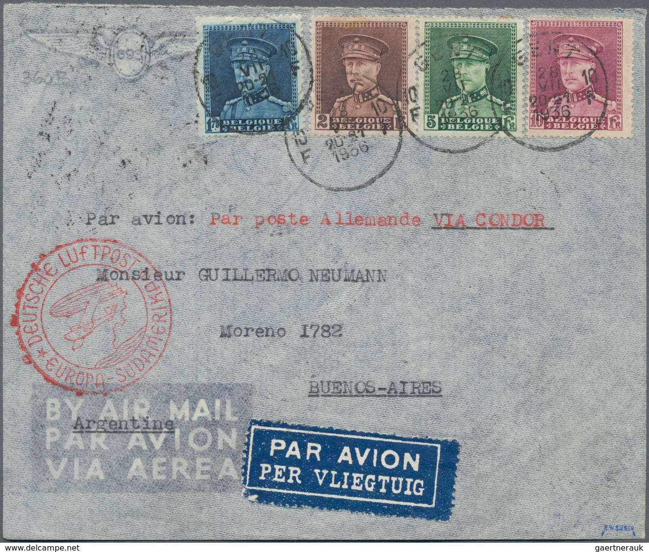 Belgien: 1936, 10th SOUTHAMERICA FLIGHT (Sieger 360 B), Cover With 4-colour Franking Albert I From G - Unused Stamps