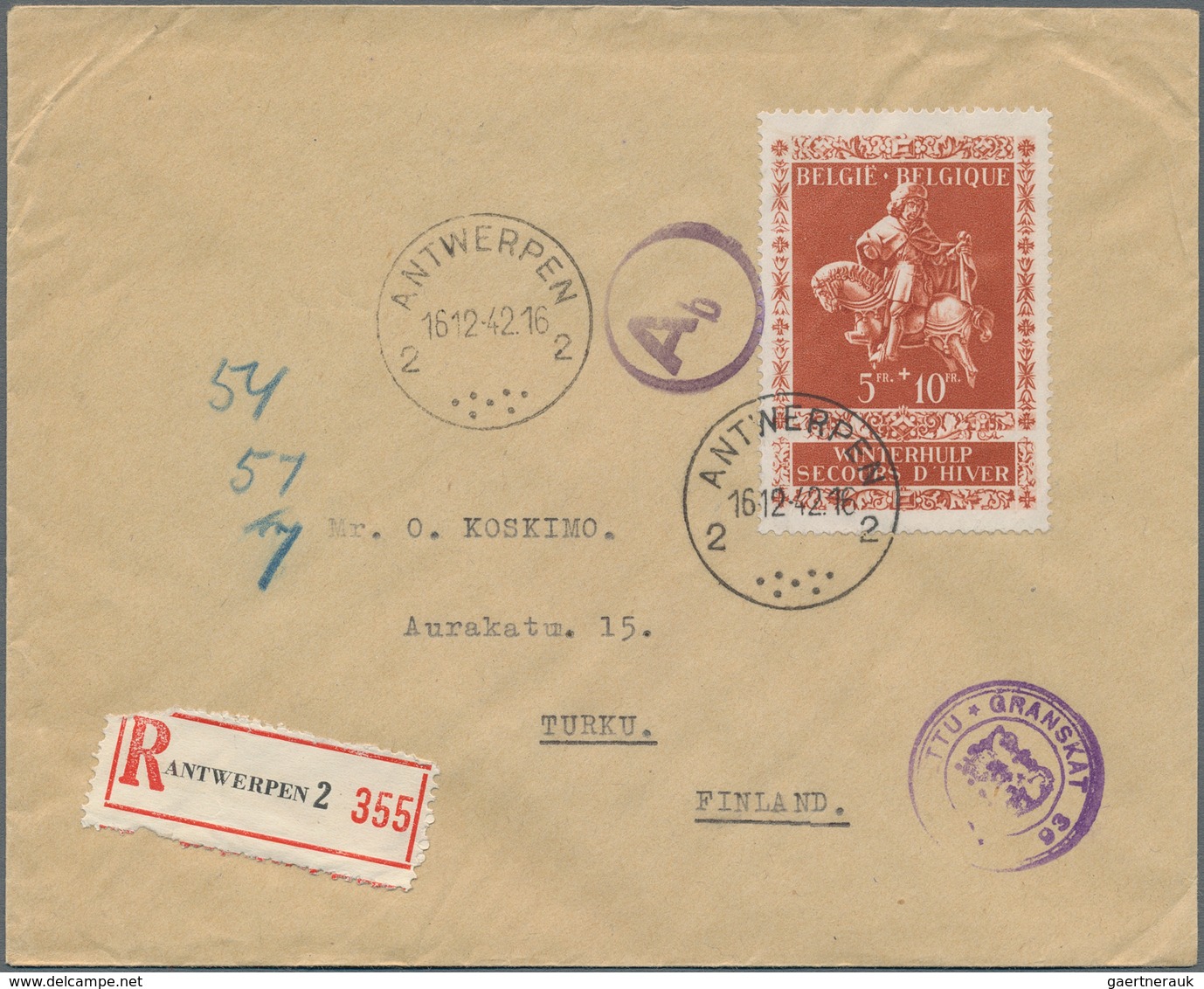 Belgien: 1942, 5 Fr + 10 Fr Red-brown Cancelled "ANTWERPEN" On Registered Letter To Finland - Nuevos