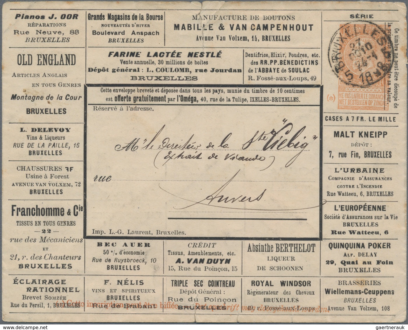 Belgien - Ganzsachen: 1898, Stationery Envelope 10c. Orange-brown With Advertisement Imprints On Fro - Otros & Sin Clasificación