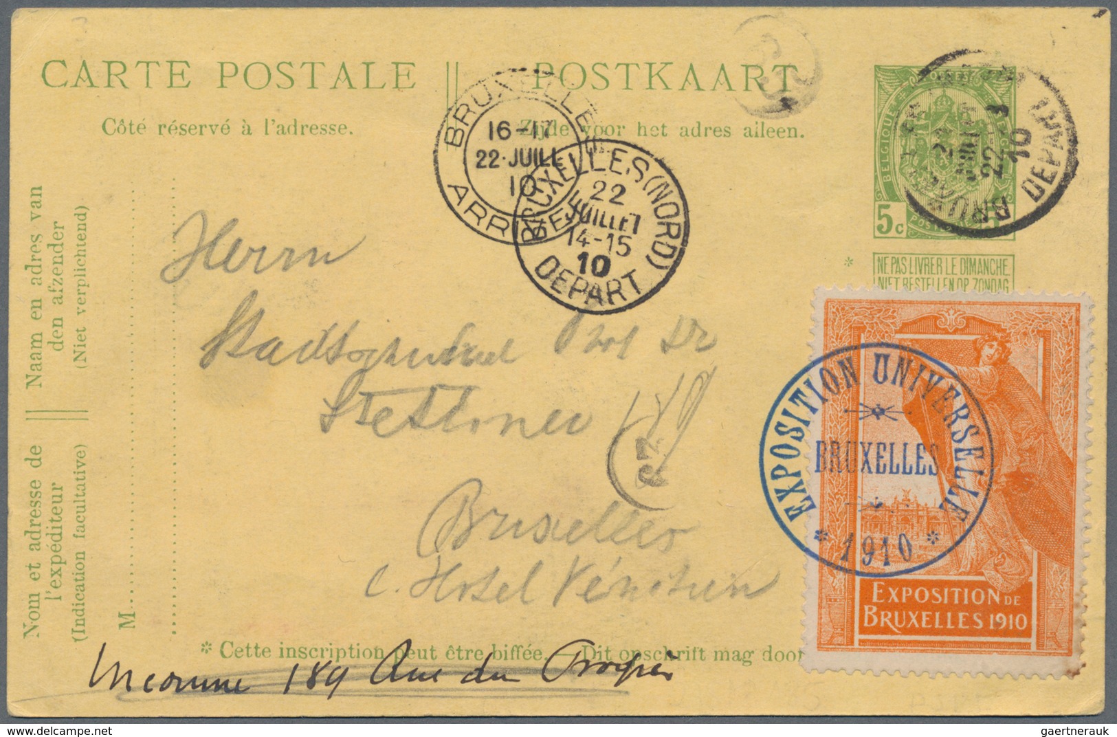 Belgien - Ganzsachen: 1910 Pictured Postal Stationery Card Of The World Exhibition In Bruxelles P 51 - Andere & Zonder Classificatie