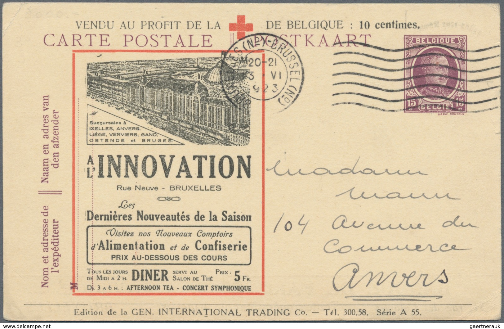 Belgien - Ganzsachen: 1923, Stationery Card 15c. Lilac With Advertisement Imprint In Favour Of Red C - Andere & Zonder Classificatie