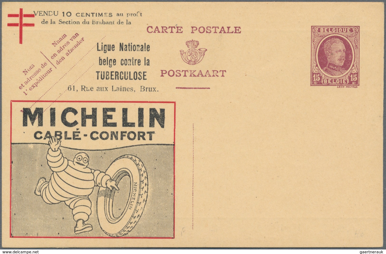 Belgien - Ganzsachen: 1924, Stationery Card 15c. Lilac With Advertisement Imprint "Michelin" In Favo - Other & Unclassified