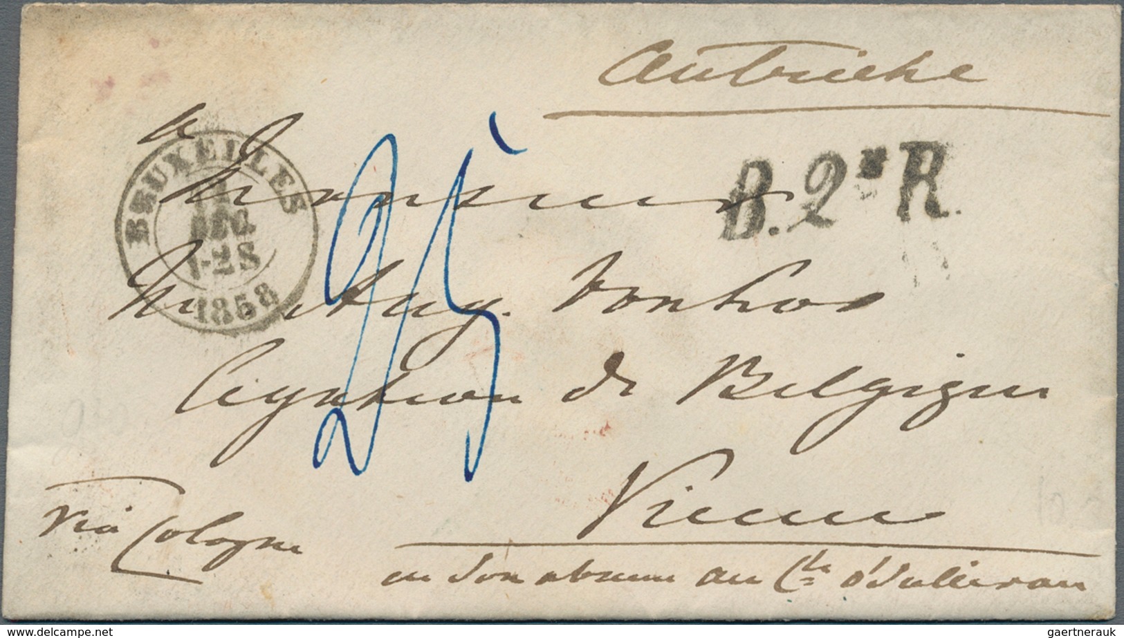 Belgien - Stempel: 1858, Tiny Cover From Bruxelles To Vienna With Double-circle And Straight Line "B - Other & Unclassified