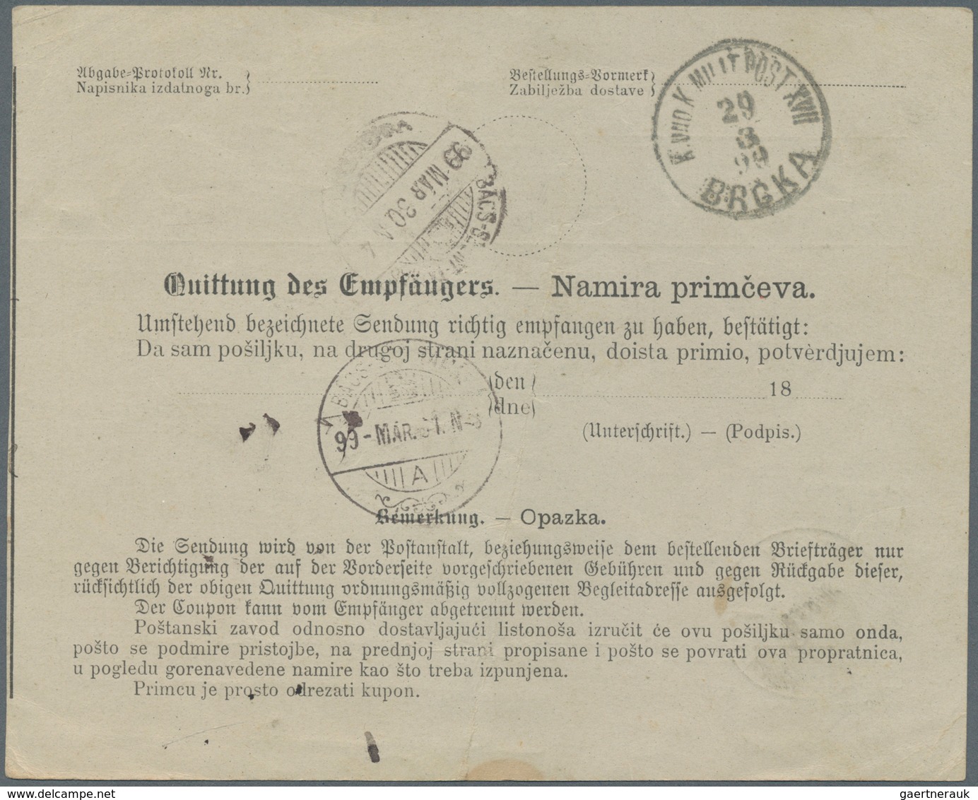 Bosnien Und Herzegowina (Österreich 1879/1918): 1899, Bilingual Parcel Card Accompanying A Parcel To - Bosnië En Herzegovina