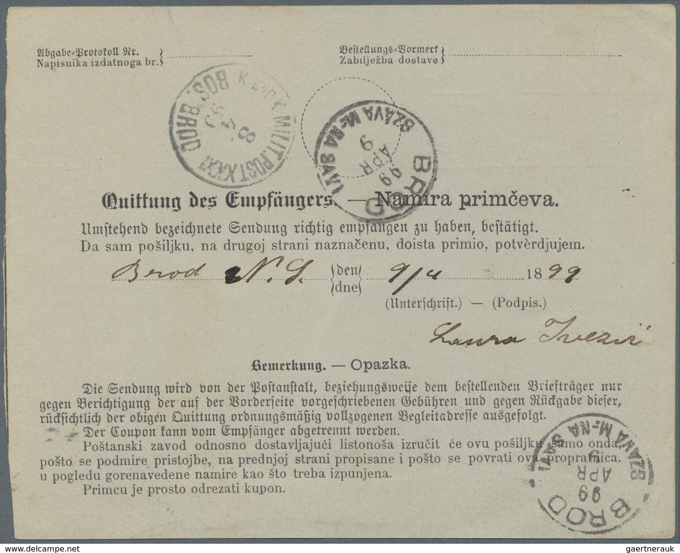 Bosnien Und Herzegowina (Österreich 1879/1918): 1899. Bilingual Parcel Card (German And Croatian), A - Bosnia And Herzegovina