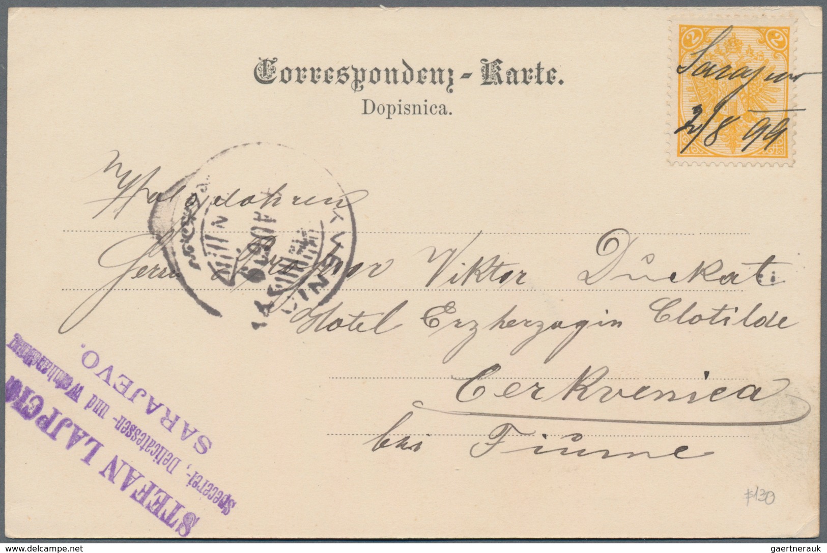 Bosnien Und Herzegowina (Österreich 1879/1918): 1899. Two Post Cards (one From Sarajevo Ro Crikvenic - Bosnië En Herzegovina