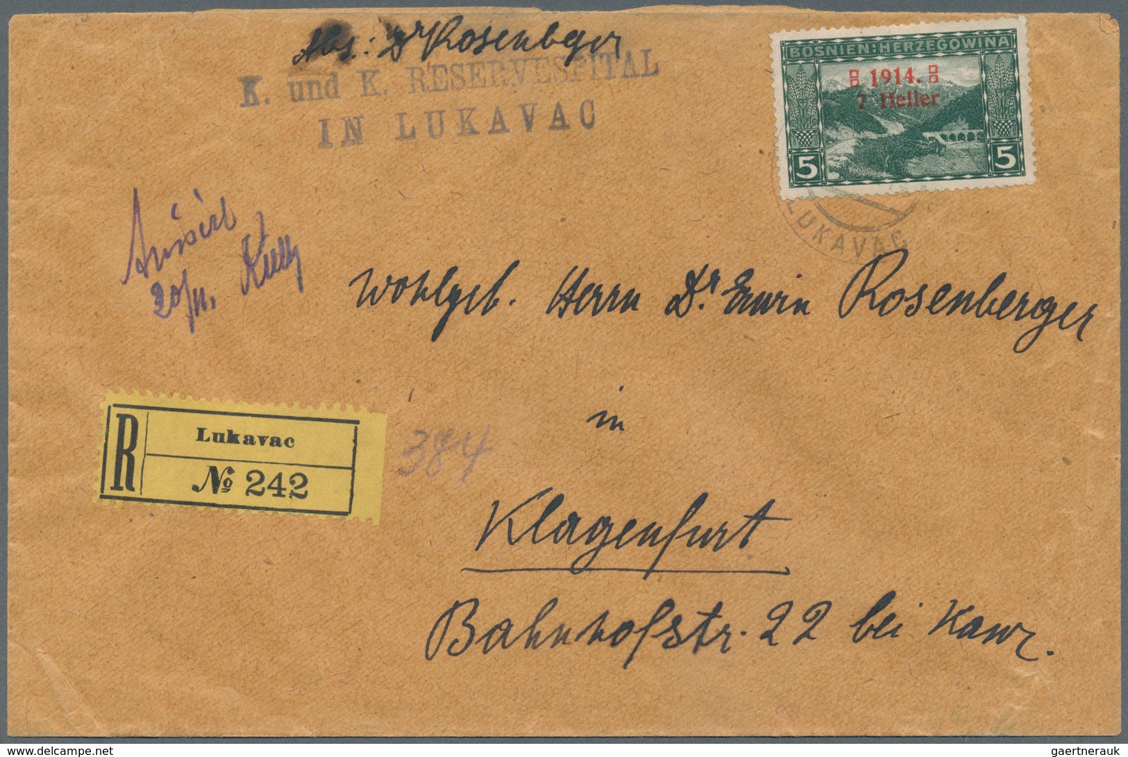 Bosnien Und Herzegowina (Österreich 1879/1918): 1914. Registered Cover Written By An Army Doctor Sta - Bosnia And Herzegovina