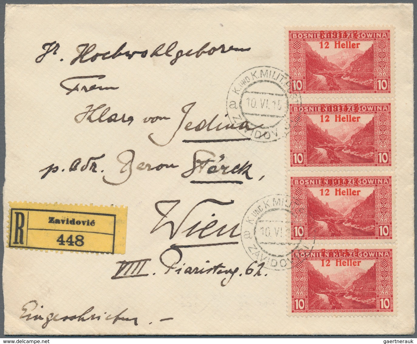 Bosnien Und Herzegowina (Österreich 1879/1918): 1915. Registered Letter To Klara Von Jedina, VIENNA, - Bosnia And Herzegovina