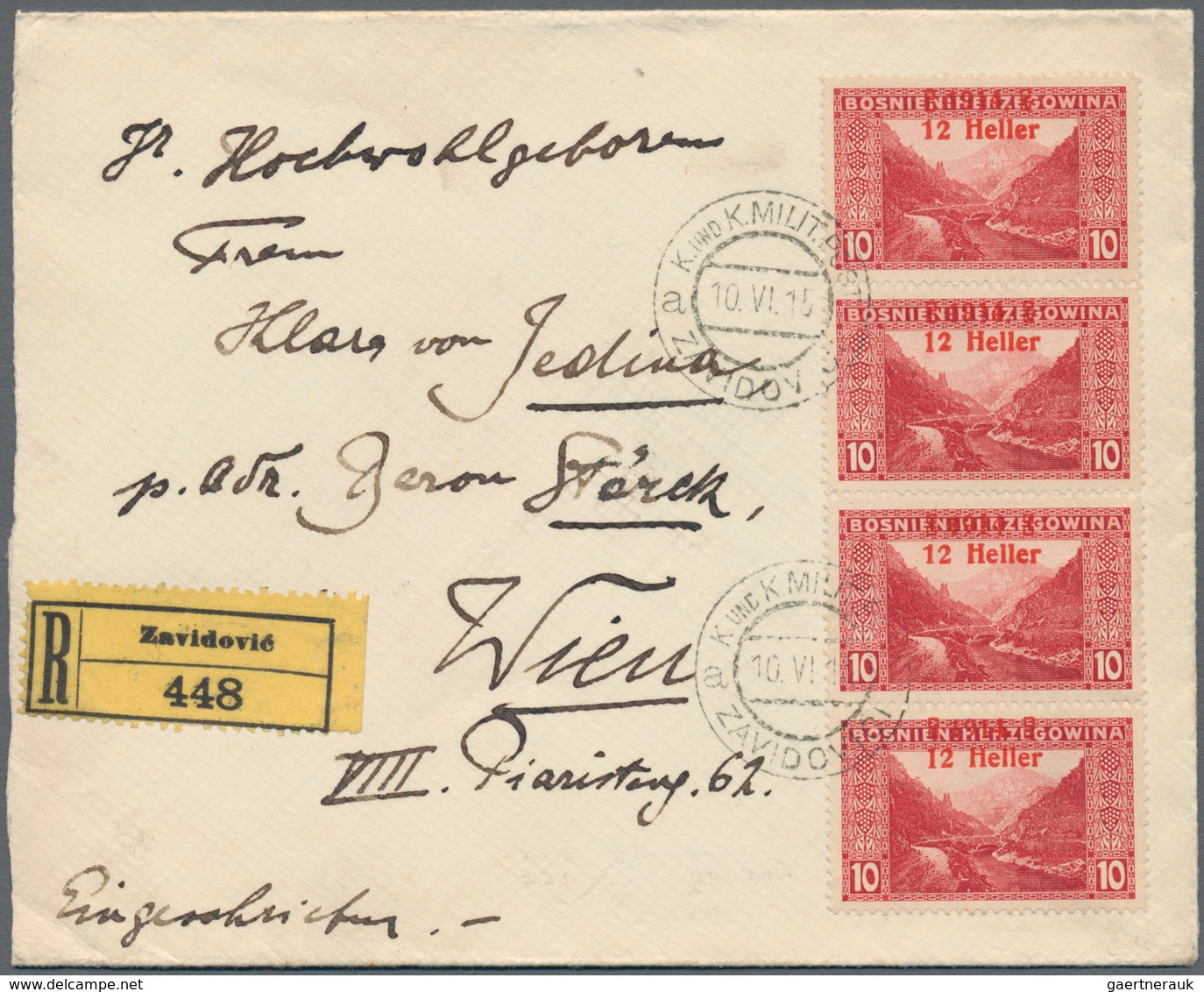 Bosnien Und Herzegowina (Österreich 1879/1918): 1915. Registered Letter To Klara Von Jedina, VIENNA, - Bosnië En Herzegovina