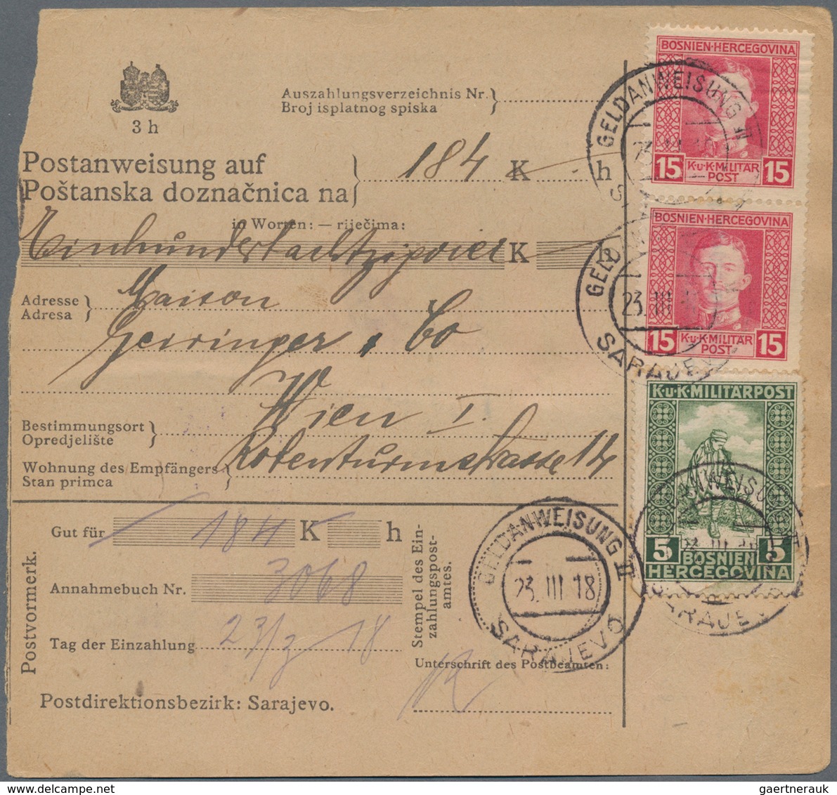 Bosnien Und Herzegowina (Österreich 1879/1918): 1918. Two 3h Black/chamois Money Order Stationeries, - Bosnia And Herzegovina