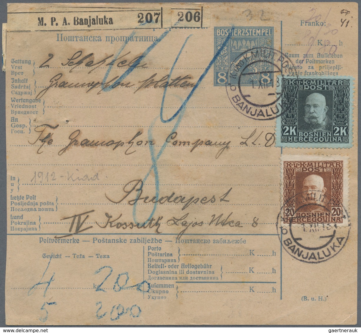 Bosnien Und Herzegowina - Ganzsachen: 1913, 8(H) Blue/pale Buff “Sword” Type Parcel Card Accompanyin - Bosnien-Herzegowina