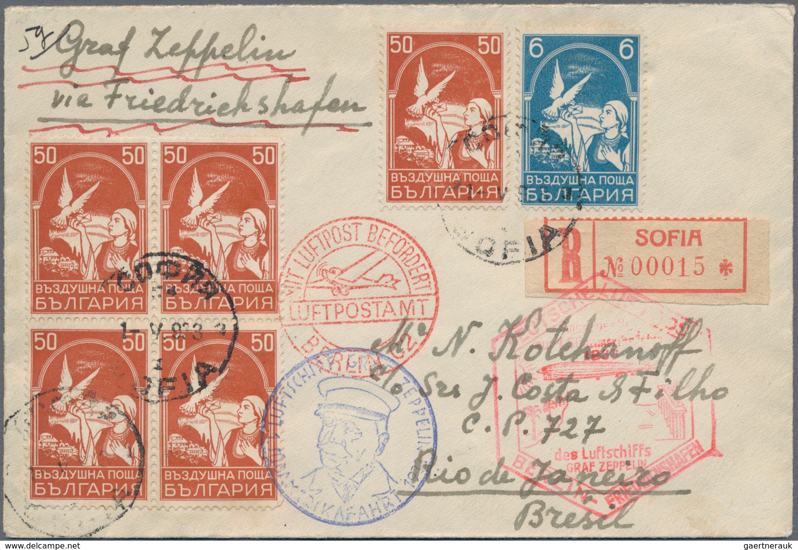 Bulgarien: 1933. Bulgarische Zuleitungspost Zur 1. Südamerikafahrt, Anschlußflug Berlin. R-Spitzenbe - Covers & Documents