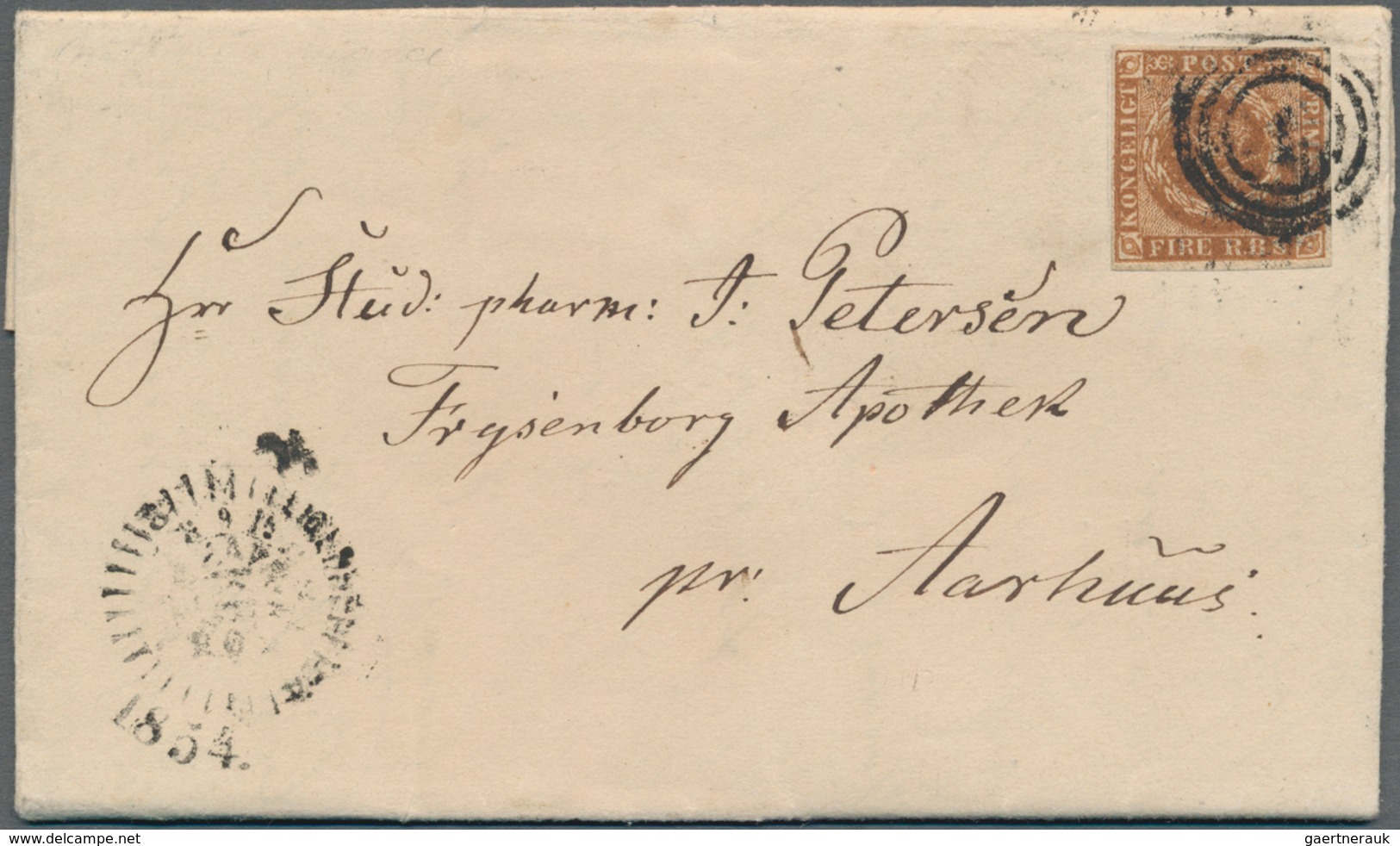 Dänemark: 1854, 4 S (FIRE R.B.S.) Chestnut Brown, Single Franking, Tied By Three Ring Numeral "1" (C - Unused Stamps