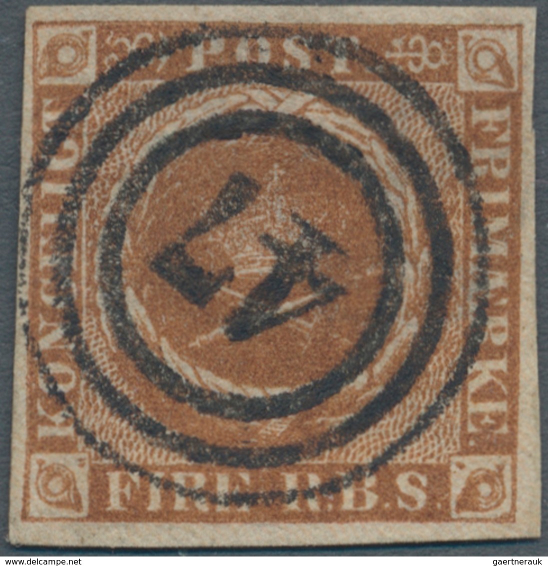 Dänemark: 1851, 4 RBS Brown, Cancelled With Three Ring "47", Fresh Color And Very Wide Margins. - Ongebruikt
