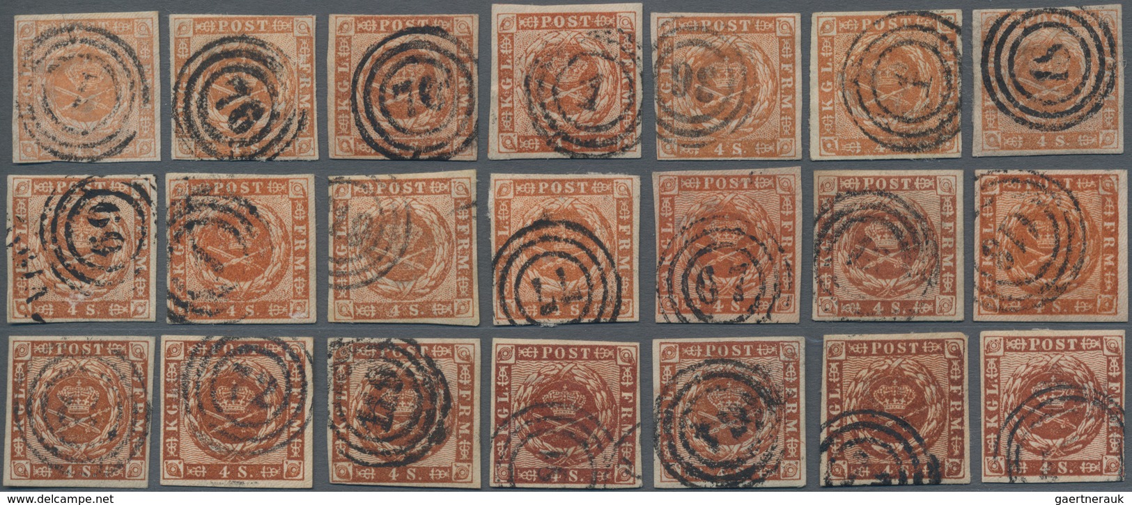 Dänemark: 1854/1858, Group Of 21 Single Stamps Of 4s. Brown, With 11 Of 1854 Issue And 10 Of 1858 Is - Ongebruikt