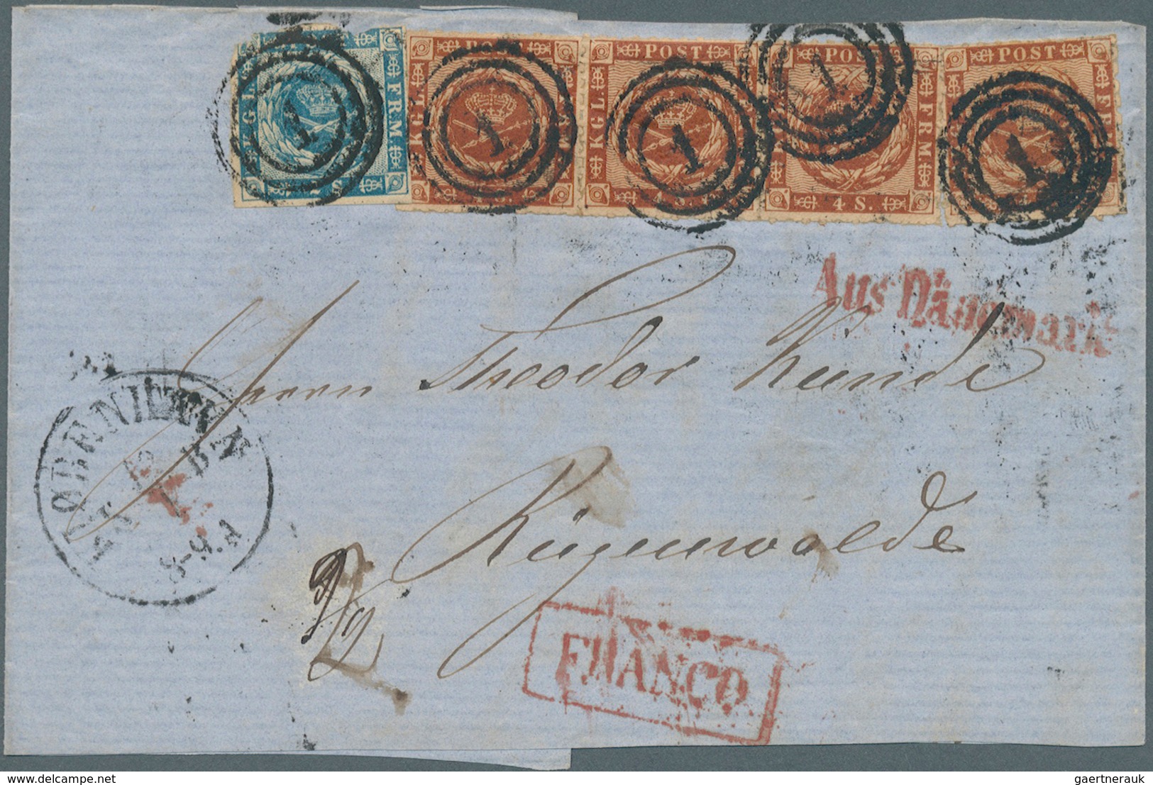 Dänemark: 1854. 2 S Blue(damaged On Top) + 1863, Rouletted Issue 4 S Brown Horizontal Strip Of 3 And - Ongebruikt
