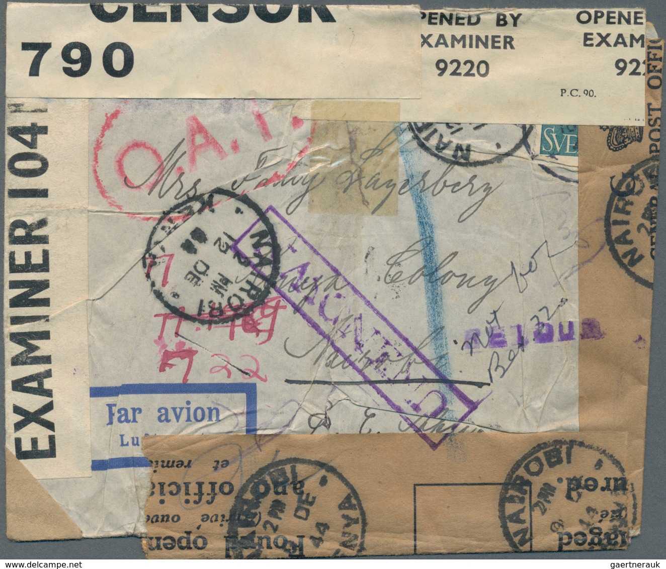 Dänemark: 1944, 30 Öre Blue On Airmail Letter To Nairobi/Kenya With Closure Stripes "Found Open Ore - Unused Stamps
