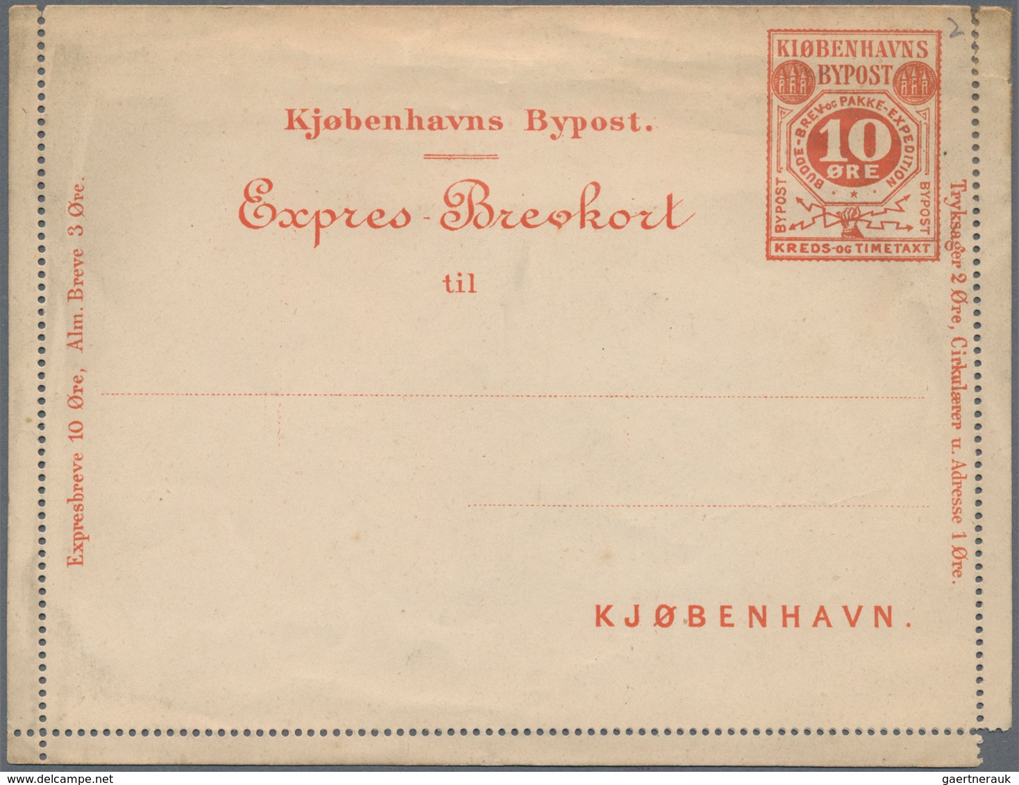 Dänemark - Ganzsachen: 1883 Unused Express Lettercard 10 öre Red On White Paper Of Private Townpost - Postwaardestukken