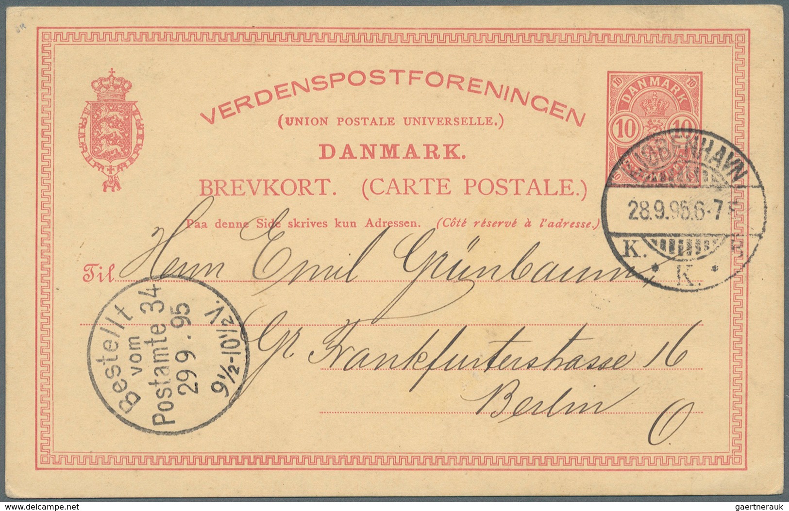 Dänemark - Ganzsachen: 1895, 10 Öre Wappen Rot, Ganzsachenpostkarte (mit Kleinen Eckziffern) Von „KJ - Ganzsachen