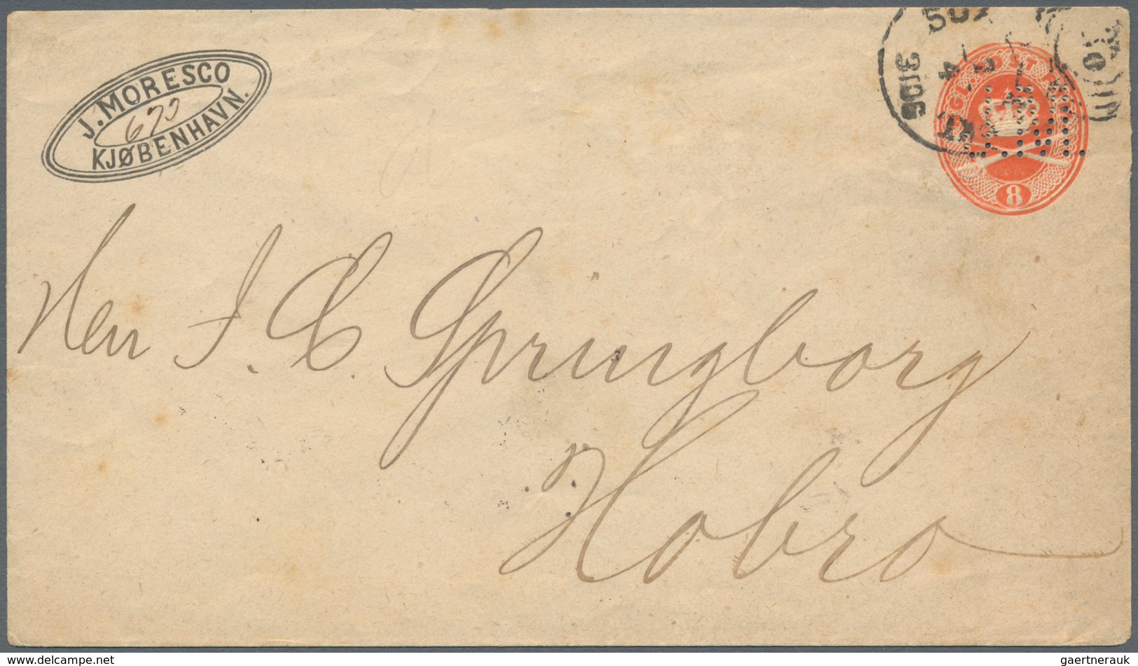 Dänemark - Ganzsachen: 1974, 8 Ore Coat Of Arms Stationery Envelope Perfinned "J.M.", Sender "J. MOR - Postal Stationery