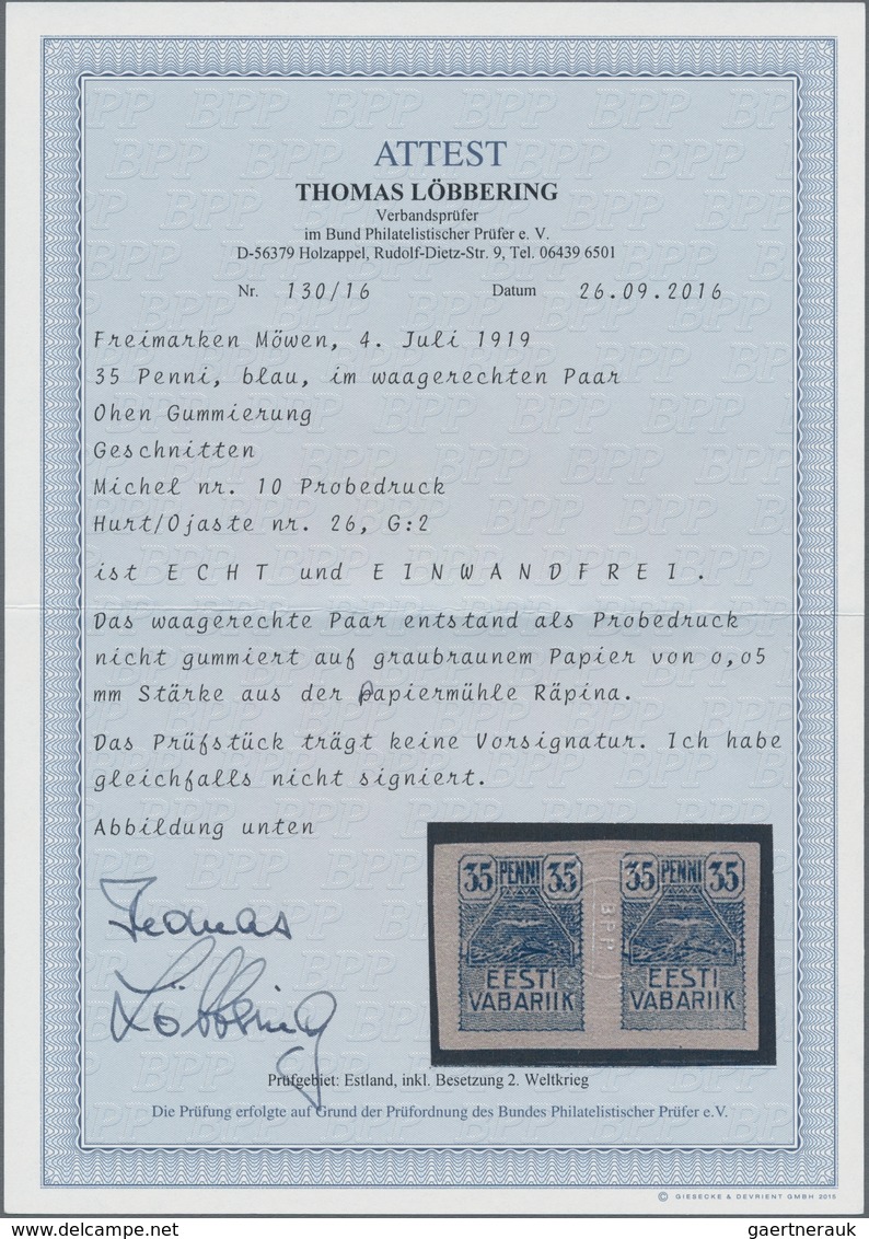 Estland: 1919, 35 Penni Seagulls, Imperforated Proof, Vertical Pair Without Gum. Expertised Löbberin - Estland