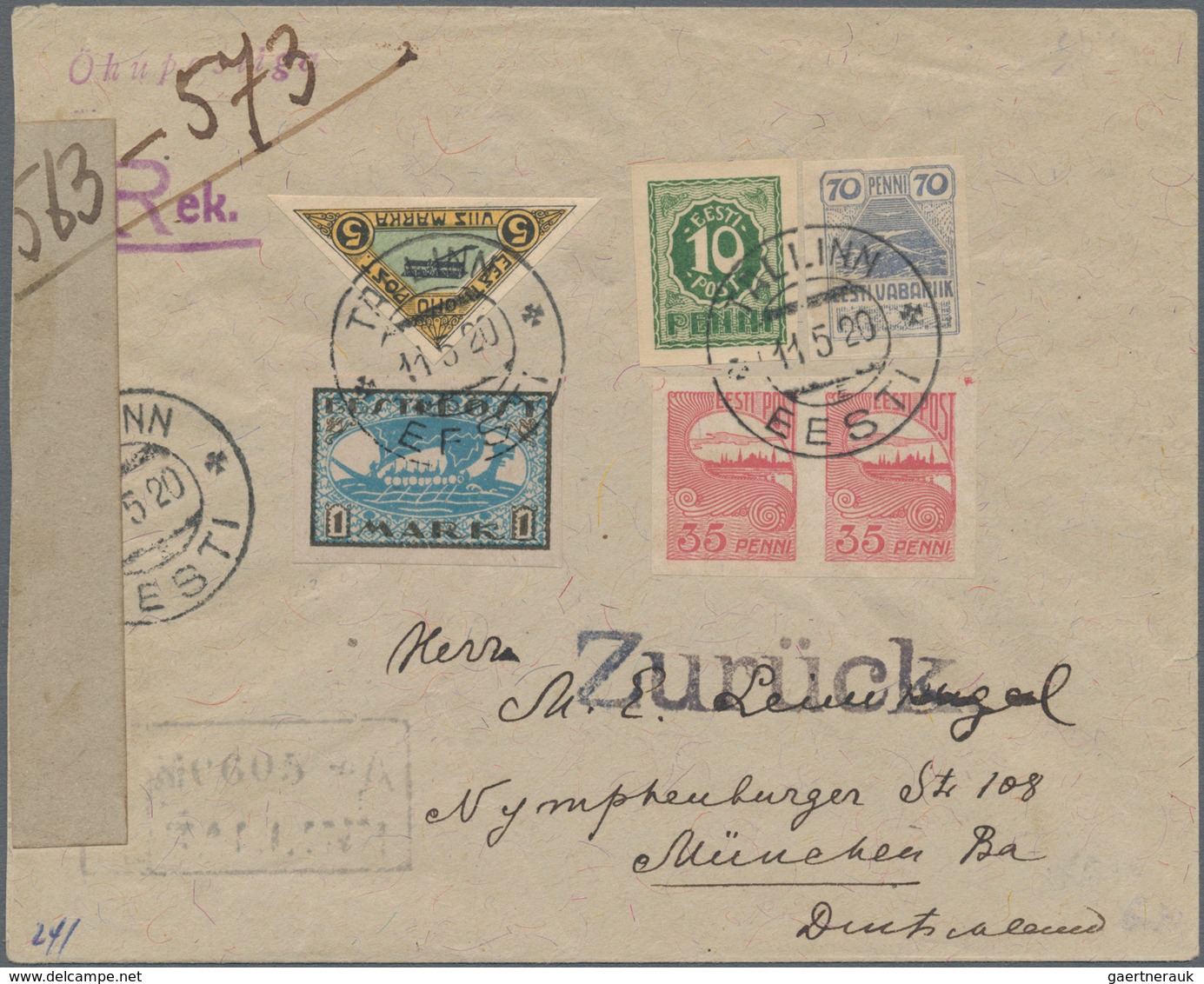 Estland: 1920. Registered Airmail Letter To Germany, Franked 10 P Green, 70 P Dull Lilac, 1 M Blue A - Estland