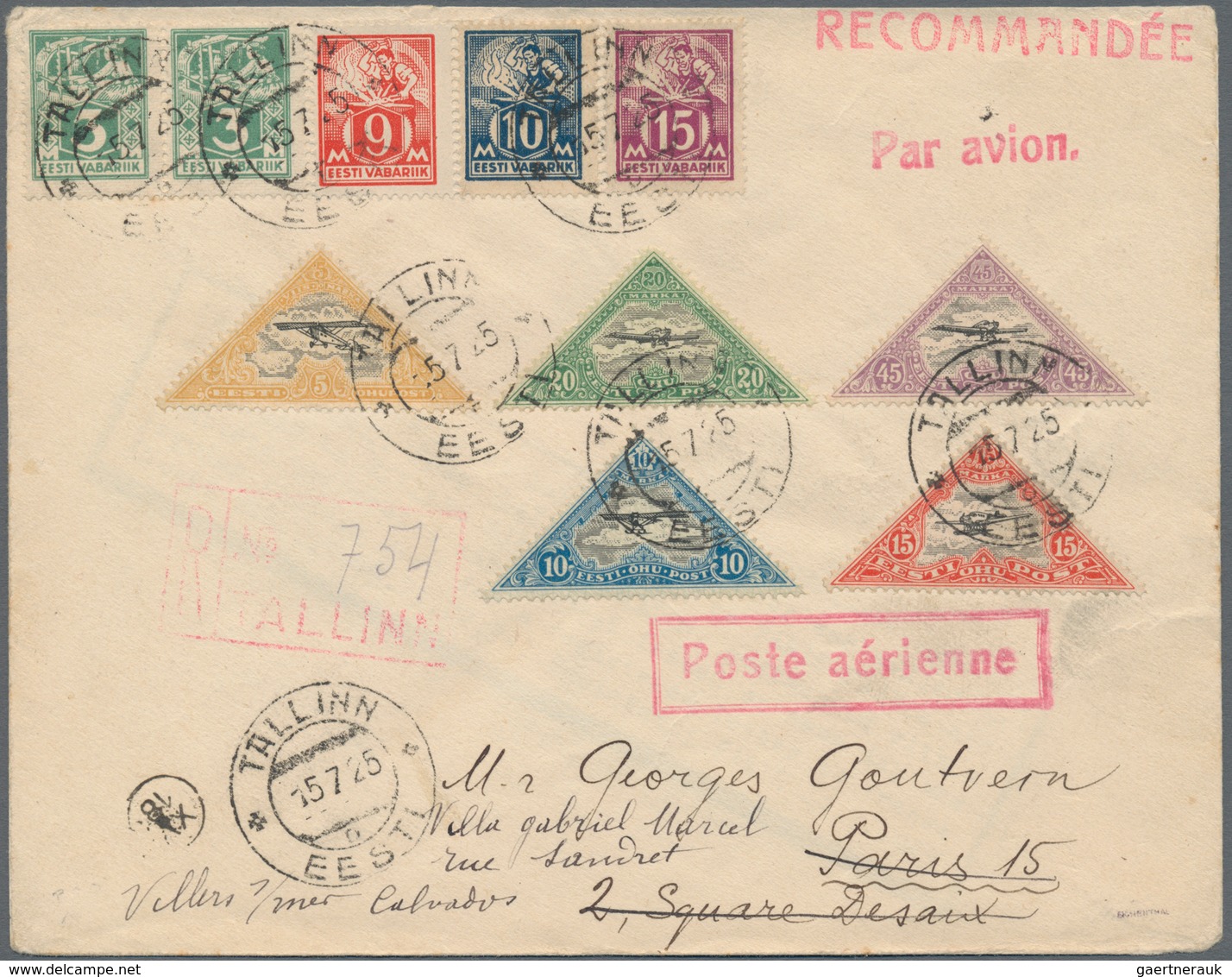 Estland: 1925. Registered Airmail Letter To France, Bearing 3m (2x) Of Weaver-type, 9m, 12 M And 16 - Estonia