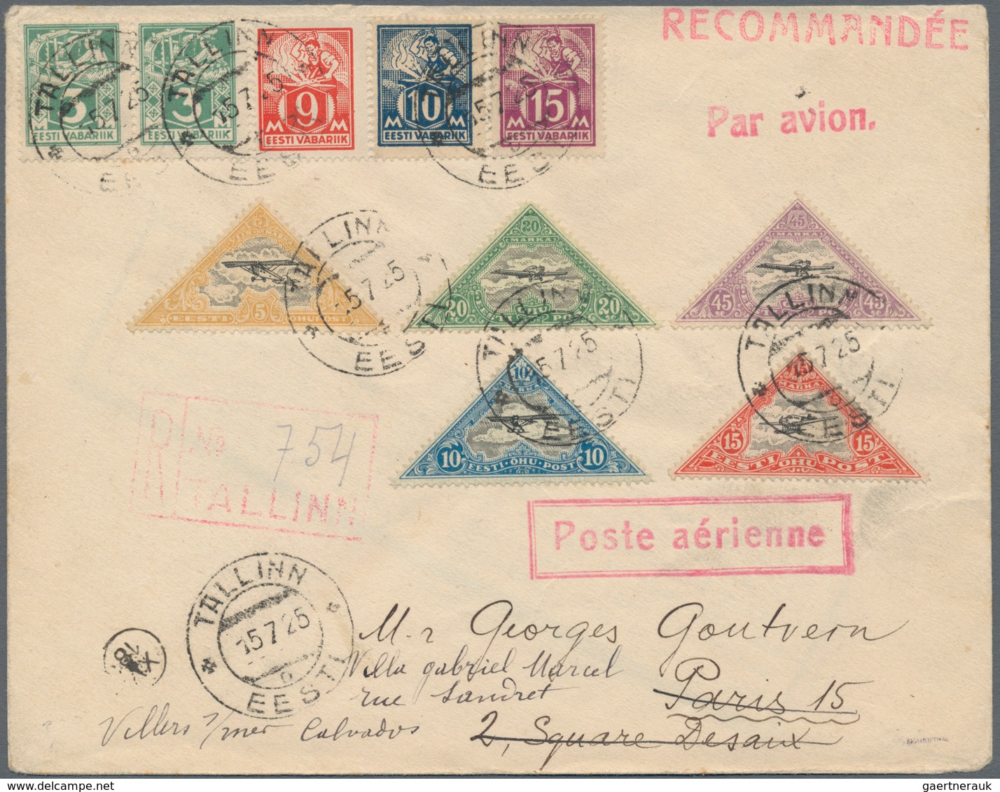 Estland: 1925. Registered Airmail Letter To France, Bearing 3m (2x) Of Weaver-type, 9m, 12 M And 16 - Estland