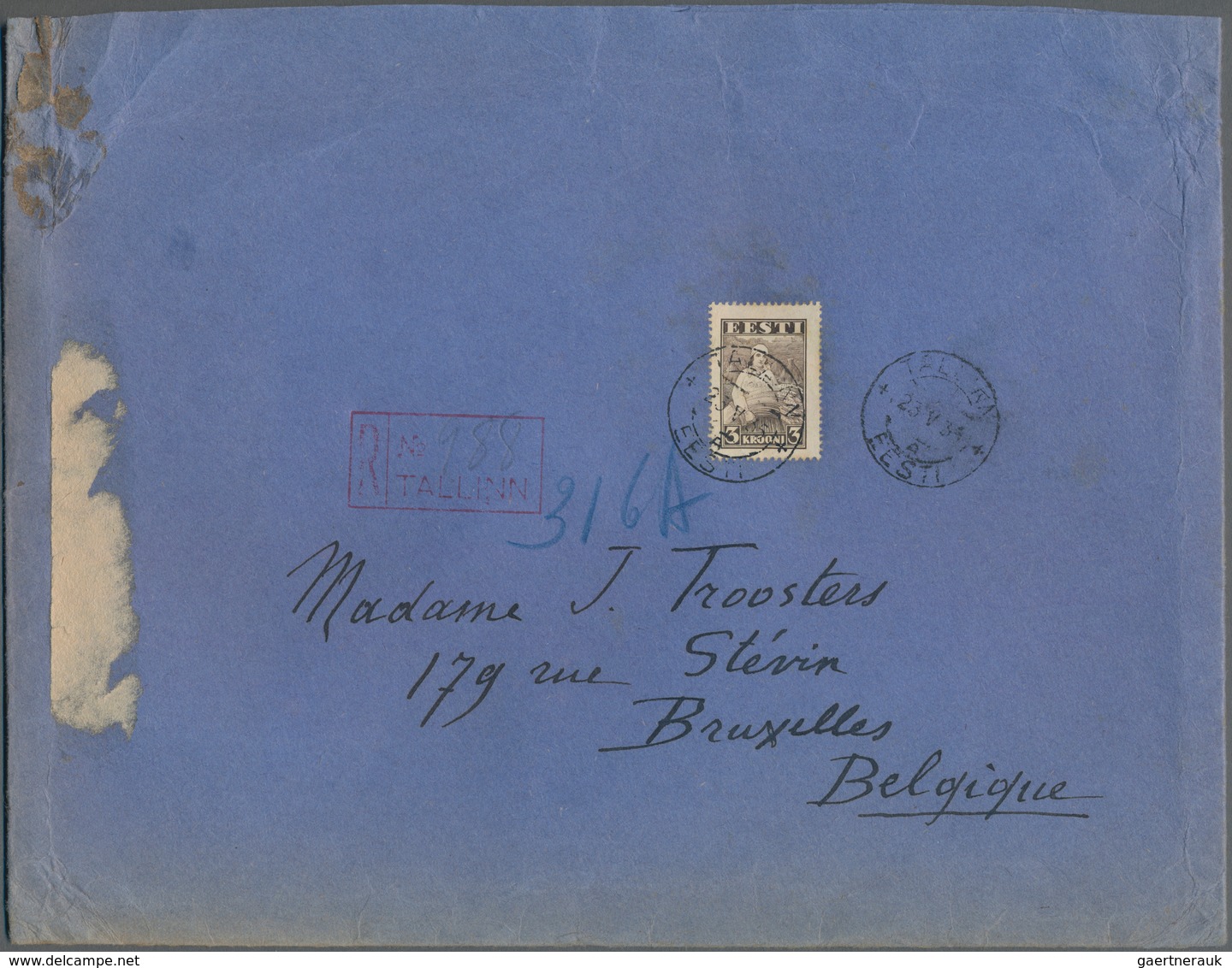 Estland: 1935, Large Registered Envelope TALLINN - BRUSSELS From The Belgian Consulate In Estland Be - Estland