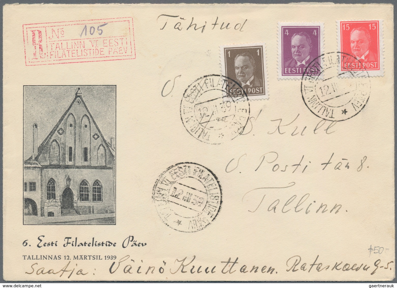 Estland: 1937/1939. Three Registered Letter From Estonian Philatelic Exhibitions, The First From The - Estland