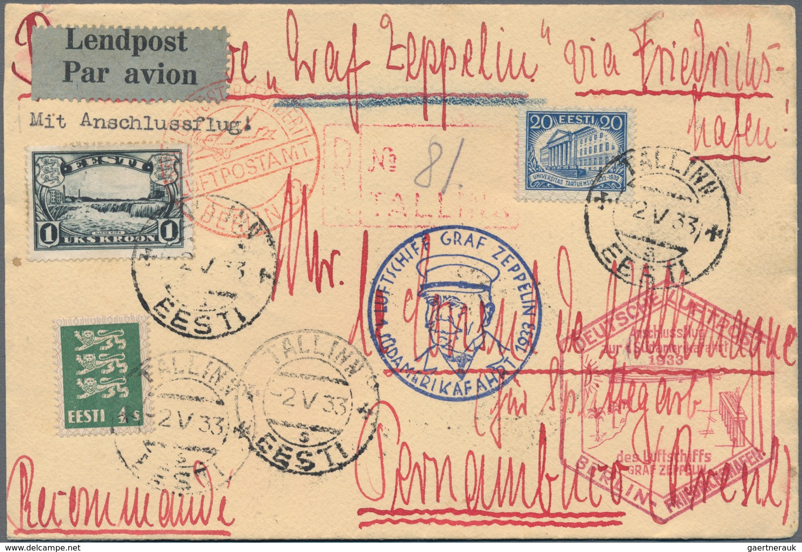 Estland: 1933. ESTLAND-Vertragsstaaten-Zuleitung Zur 1. SAF 1933 Mit Anschlußflug Berlin. Einer Der - Estland