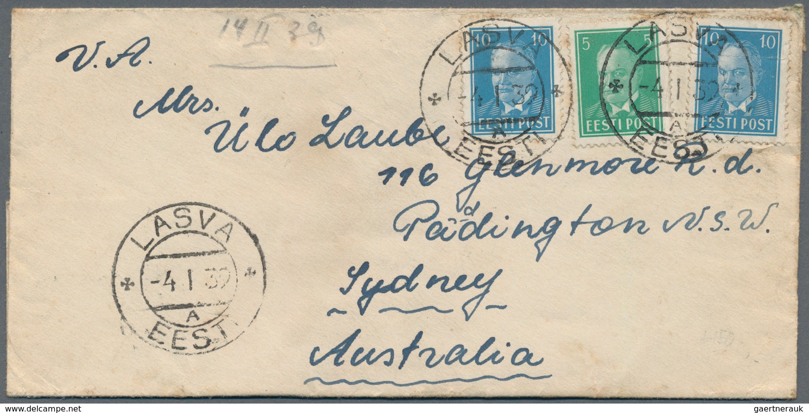 Estland: 1939. Letter Addresse To SYDNEY, Australia, Franked 5s Blue-green And 10 (s) Blue (2 Single - Estonia