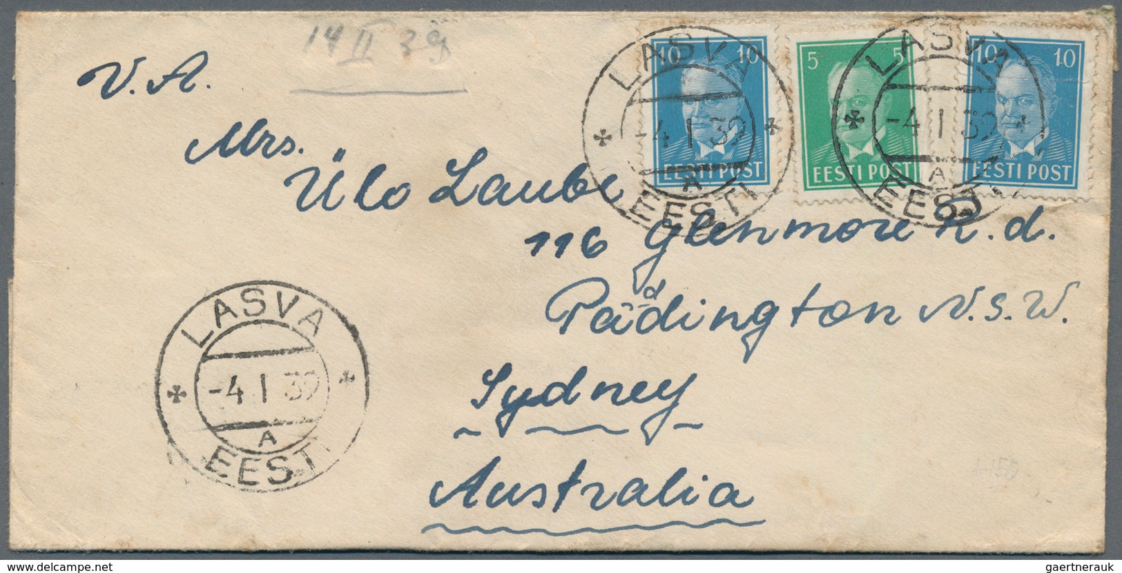 Estland: 1939. Letter Addresse To SYDNEY, Australia, Franked 5s Blue-green And 10 (s) Blue (2 Single - Estland