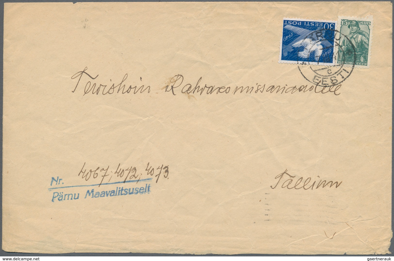 Estland: 1941. An Official Cover To The Authoritiews In TALLIN, Franked With 30 (s) Of 1940 Centenar - Estonia