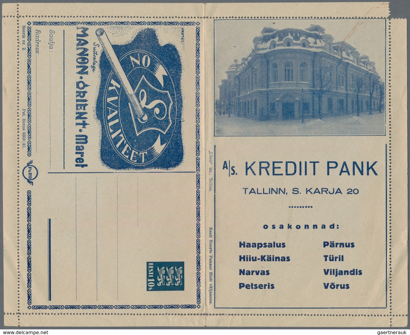 Estland - Ganzsachen: 1937, "PARO" Lettercard 10s. Blue, Series 2 With Advertisement For "MANON" Cig - Estonia