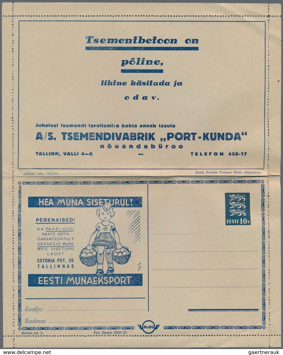 Estland - Ganzsachen: 1937, "PARO" Lettercard 10s. Blue, Series 5 With Advertisement "EESTI MUNAEKSP - Estland