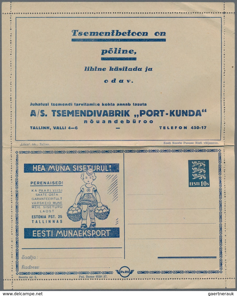 Estland - Ganzsachen: 1937, "PARO" Lettercard 10s. Blue, Series 5 With Advertisement "EESTI MUNAEKSP - Estonia