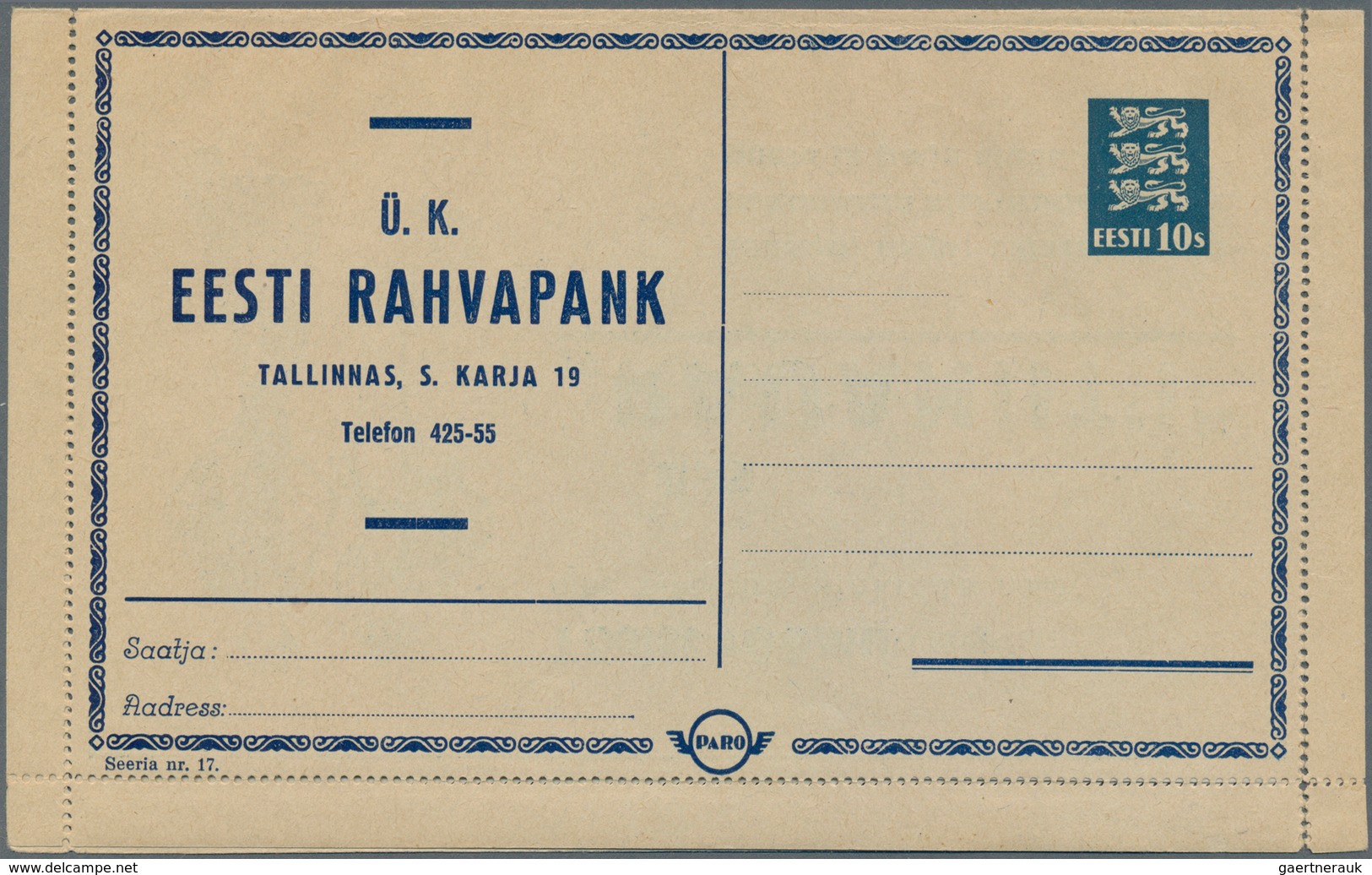 Estland - Ganzsachen: 1937 Unused PARO-lettercard With Advertisement For People's Bank And Joint Sto - Estland