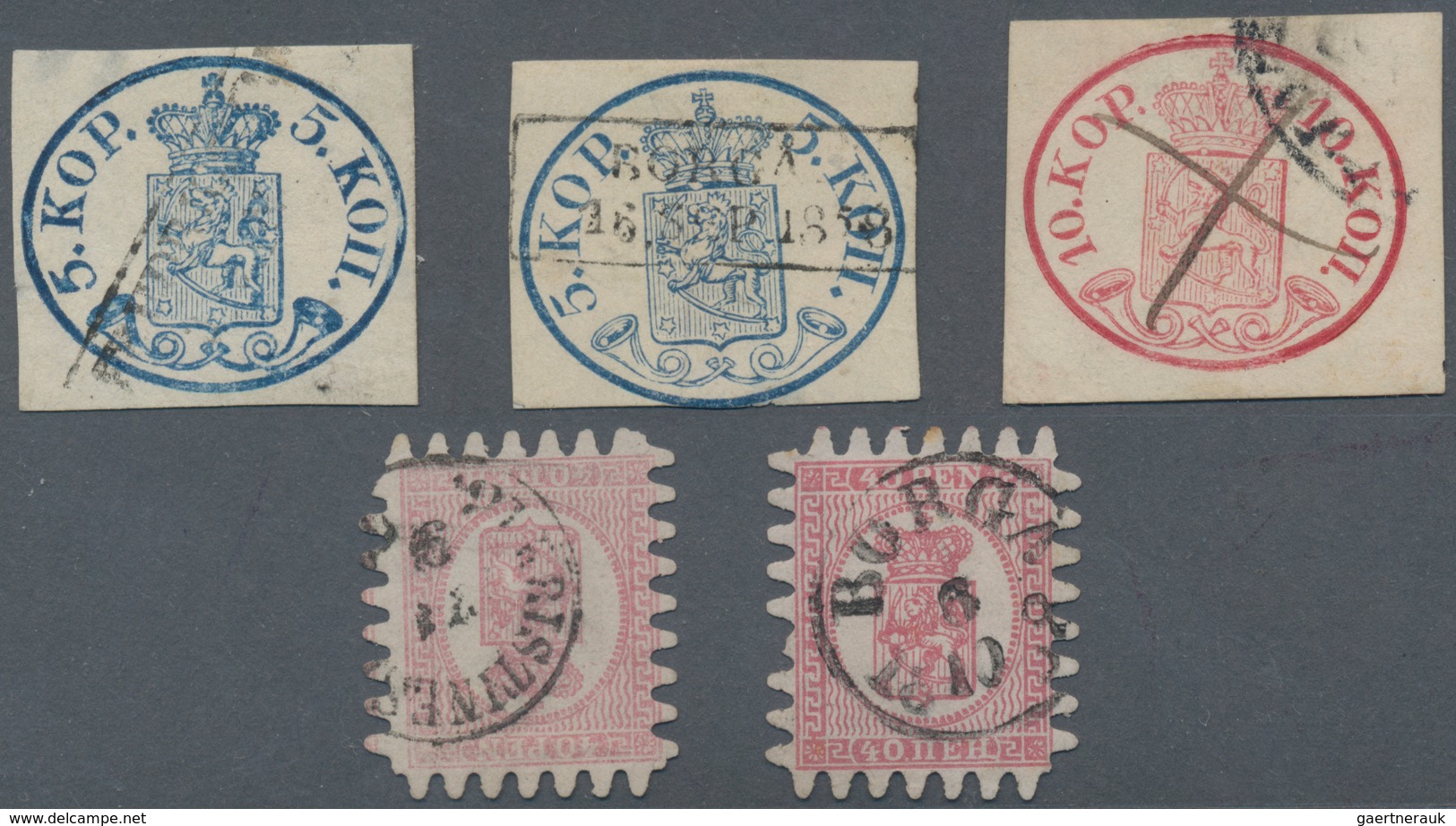 Finnland: 1856/1866, Five Used Stamps: First Issue 5k. Deep Blue With Small Pearl Cancelled By Almos - Used Stamps