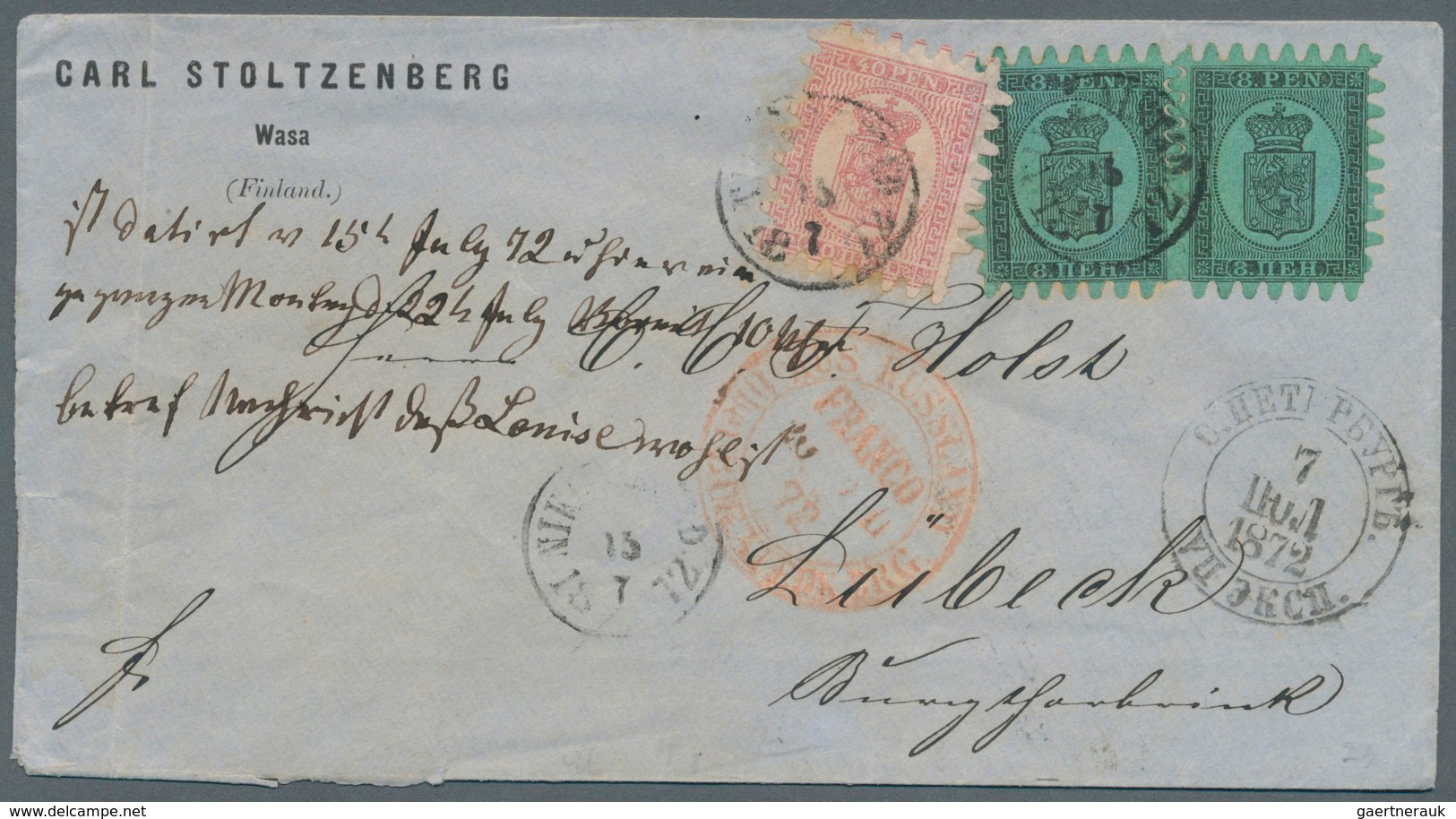 Finnland: 1866, 8 Pen. Black, A Pair On Ordinary Green Paper And 40 Pen. Carmine-rose (minimal Crack - Used Stamps