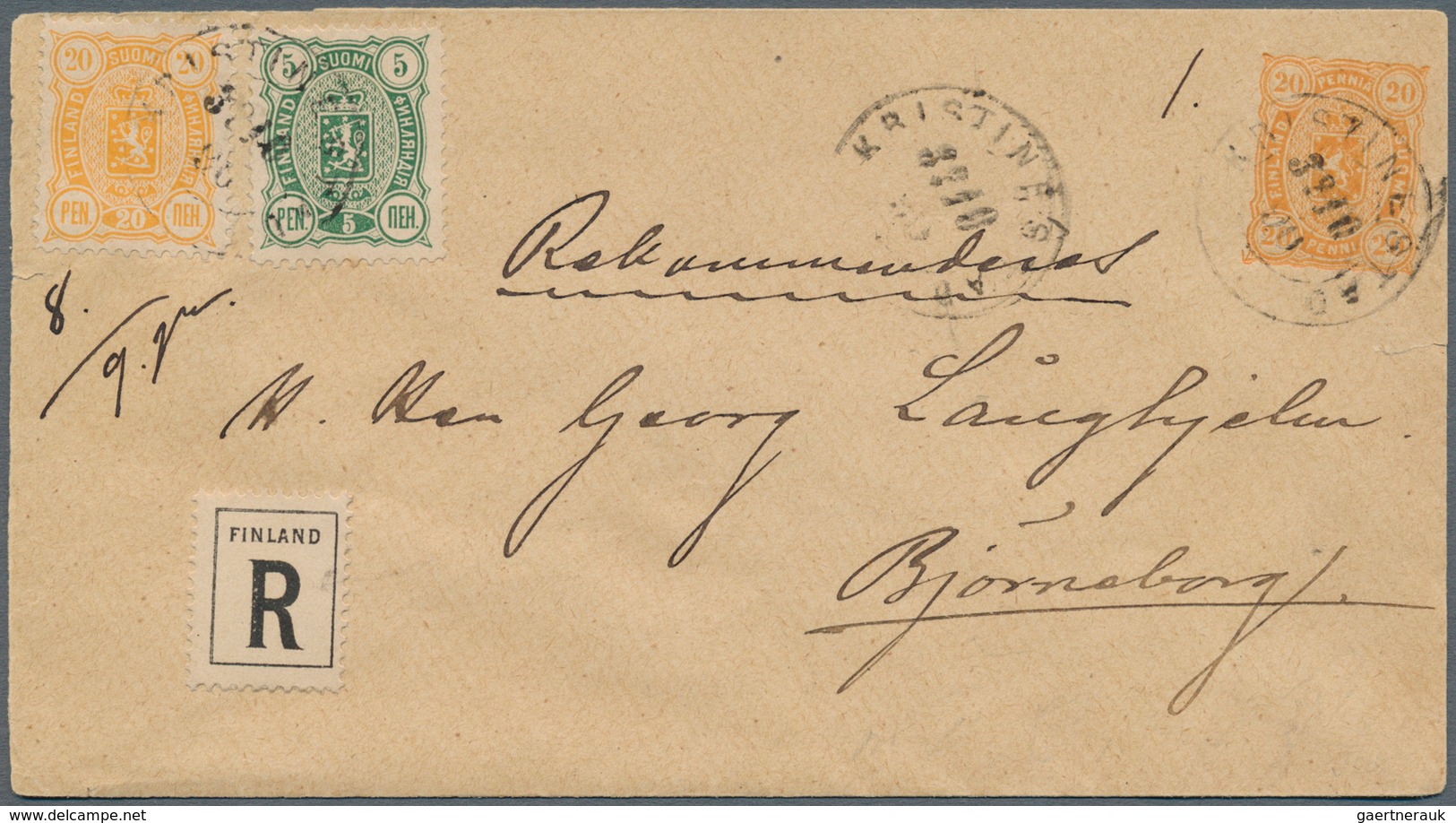 Finnland: 1890 GSU 20 P. Mit Zus.-Frank. 5 + 20 P. Als R.-Brief Von "KRISTINESTAD" Nach Bjorneborg, - Usati