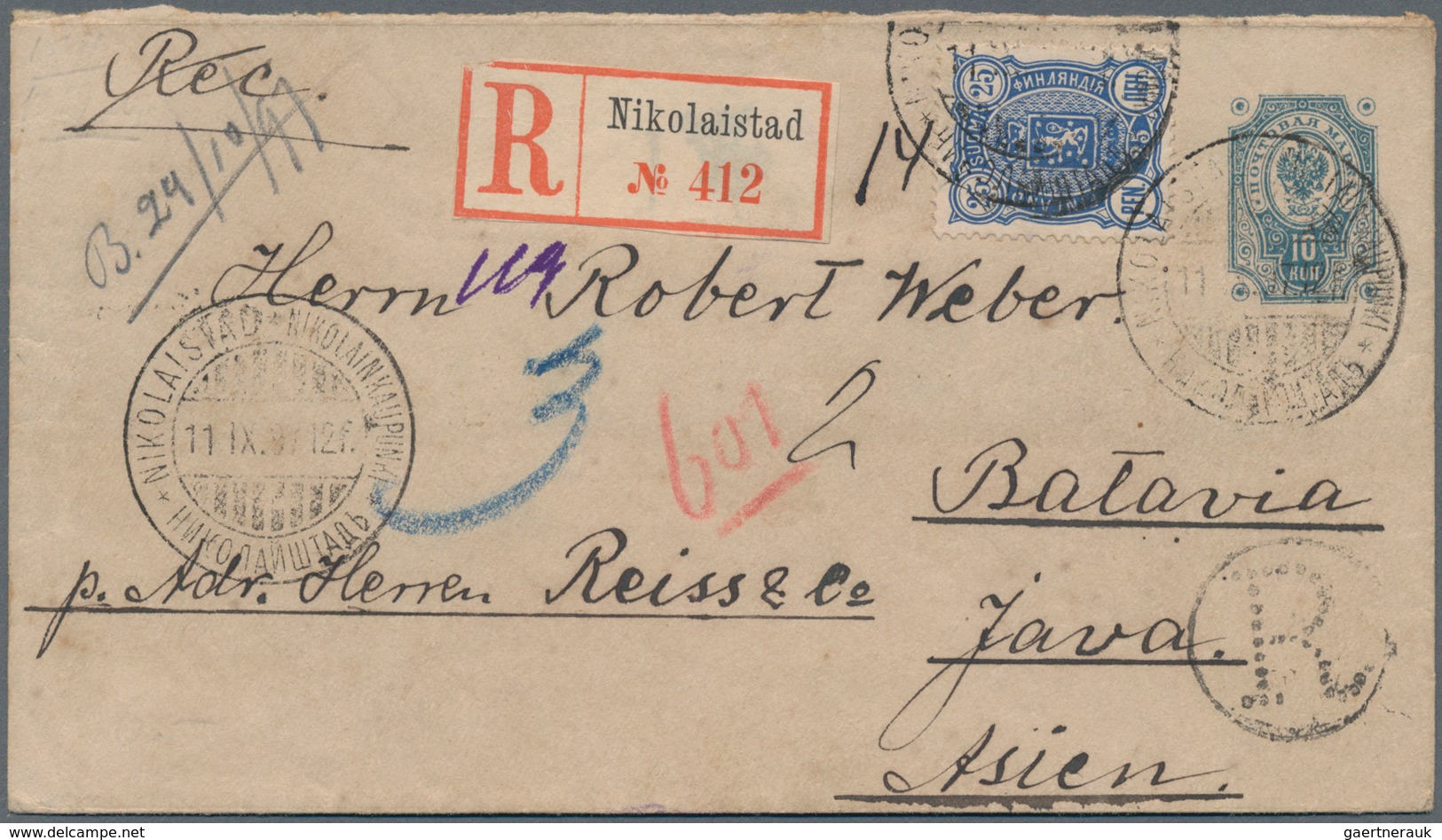 Finnland: 1897, Russian Type 10 Kop. Postal Stationery Envelope Used Uprated With 25 Pen. Blue And R - Used Stamps