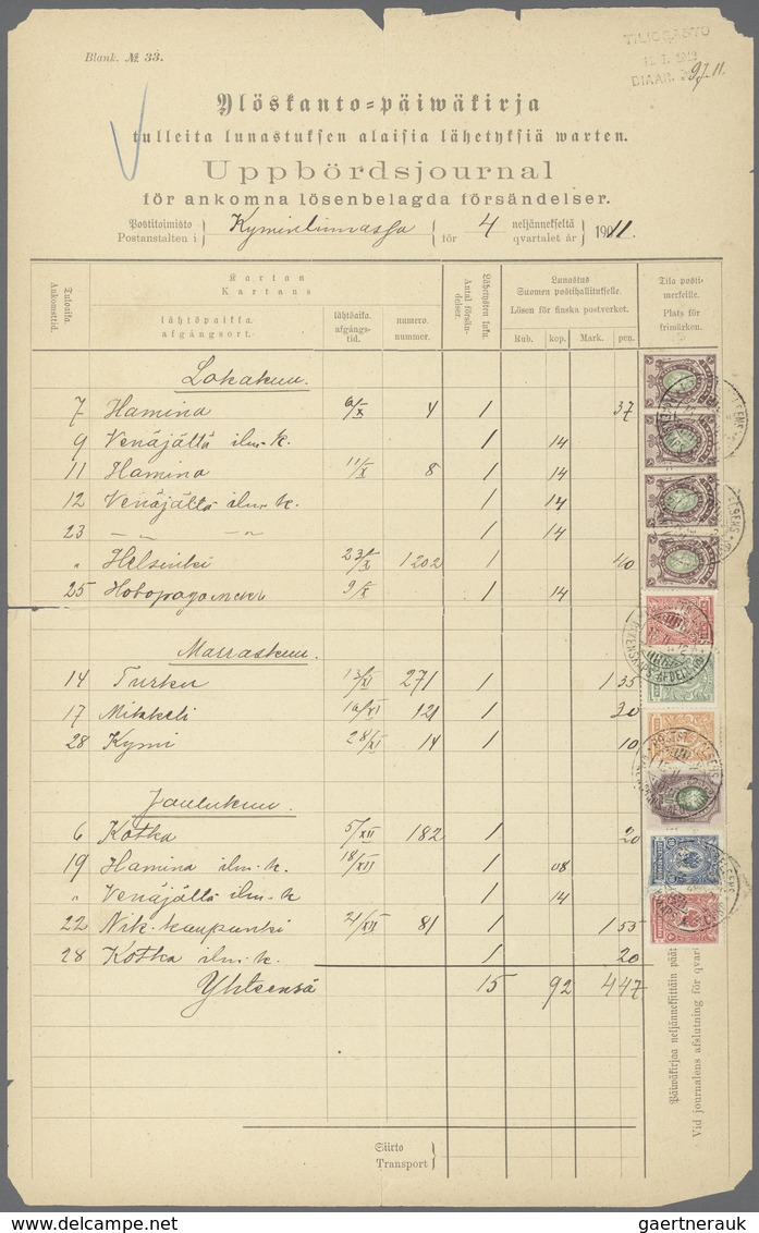 Finnland: 1912. Post Office Form (Blank No. 33) For Service Fees In The Fourth Quarter Of 1911 (tota - Gebruikt