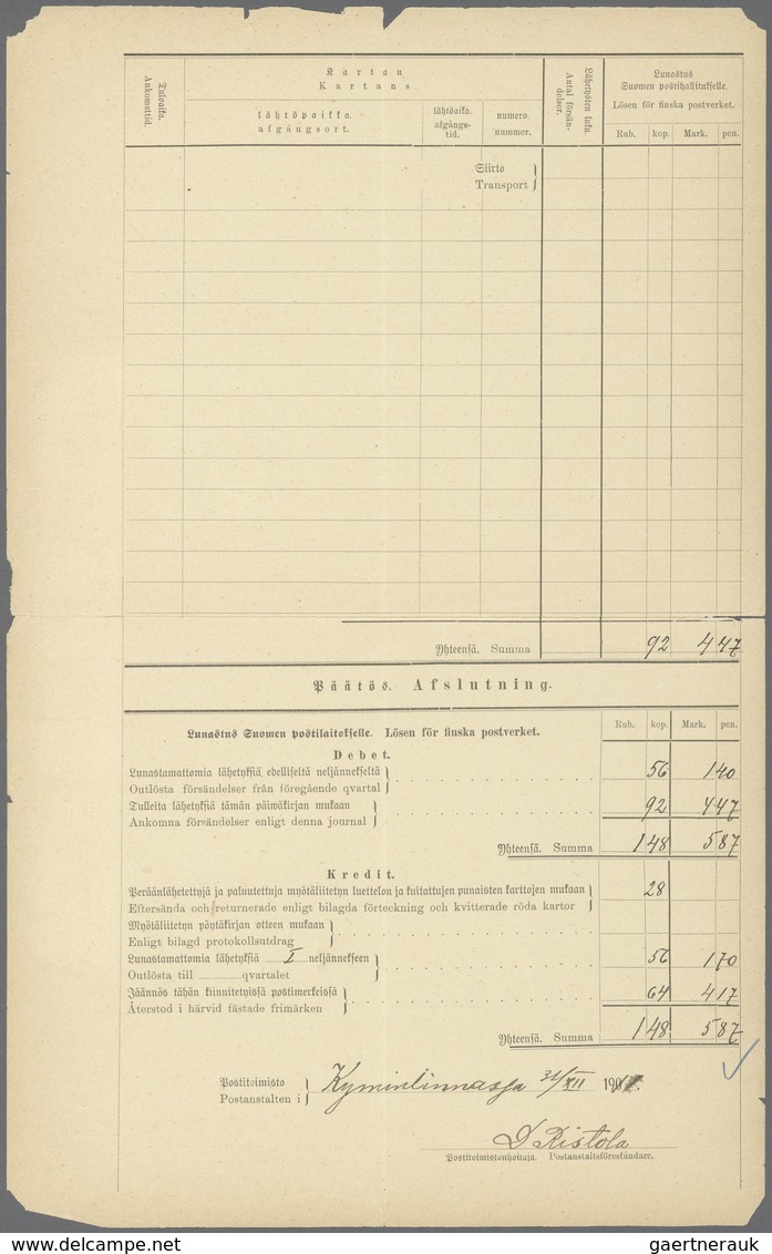 Finnland: 1912. Post Office Form (Blank No. 33) For Service Fees In The Fourth Quarter Of 1911 (tota - Used Stamps