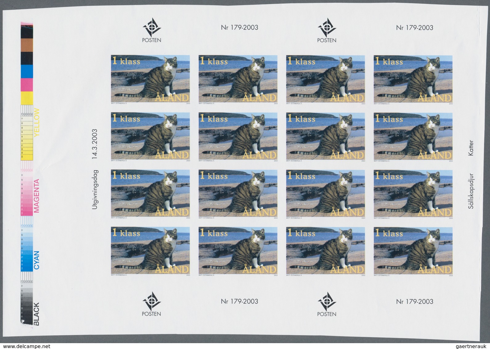 Finnland - Alandinseln: 2003, 1st Class "Cats", IMPERFORATE Proof Sheet Of 16 Stamps, With Selvedge - Aland