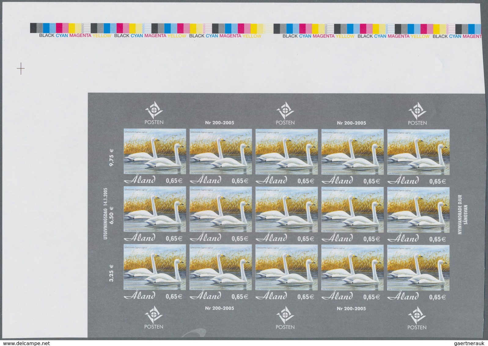 Finnland - Alandinseln: 2005, 0.65€ "Swan", IMPERFORATE Proof Sheet Of 15 Stamps, With Selvedge And - Aland