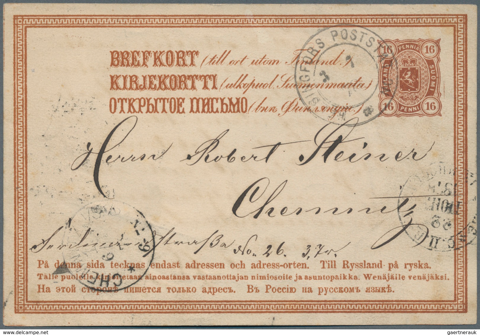 Finnland - Ganzsachen: 1873/1876, 2 Ganzsachenkarten 16 P. Nach Stockholm Bzw. Nach Chemnitz (Mi. 30 - Postal Stationery