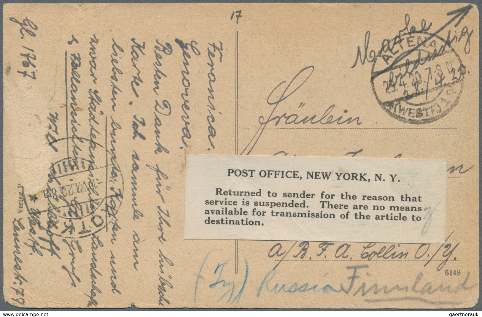Finnland - Besonderheiten: 1920, Incoming Mail From Germany Via USA: Ppc From "ALTENA 29.4.20" To Ko - Andere & Zonder Classificatie
